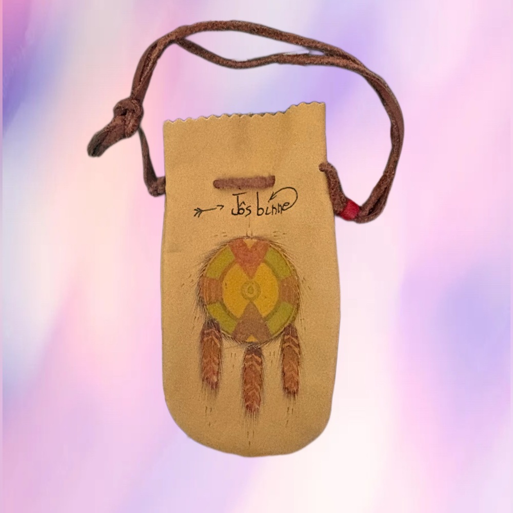 Vintage One of a Kind Hand Painted Leather Drawstring Pouch by Artist Jos binne